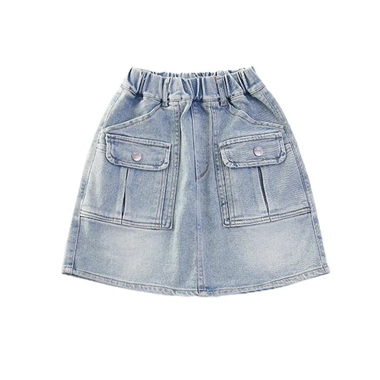 Summer Teen Girls Skirt Kids Casual Blue Denim Dresses With Pockets Design Tween Girls Casual Short Dress Toddler Ages  4-14Y