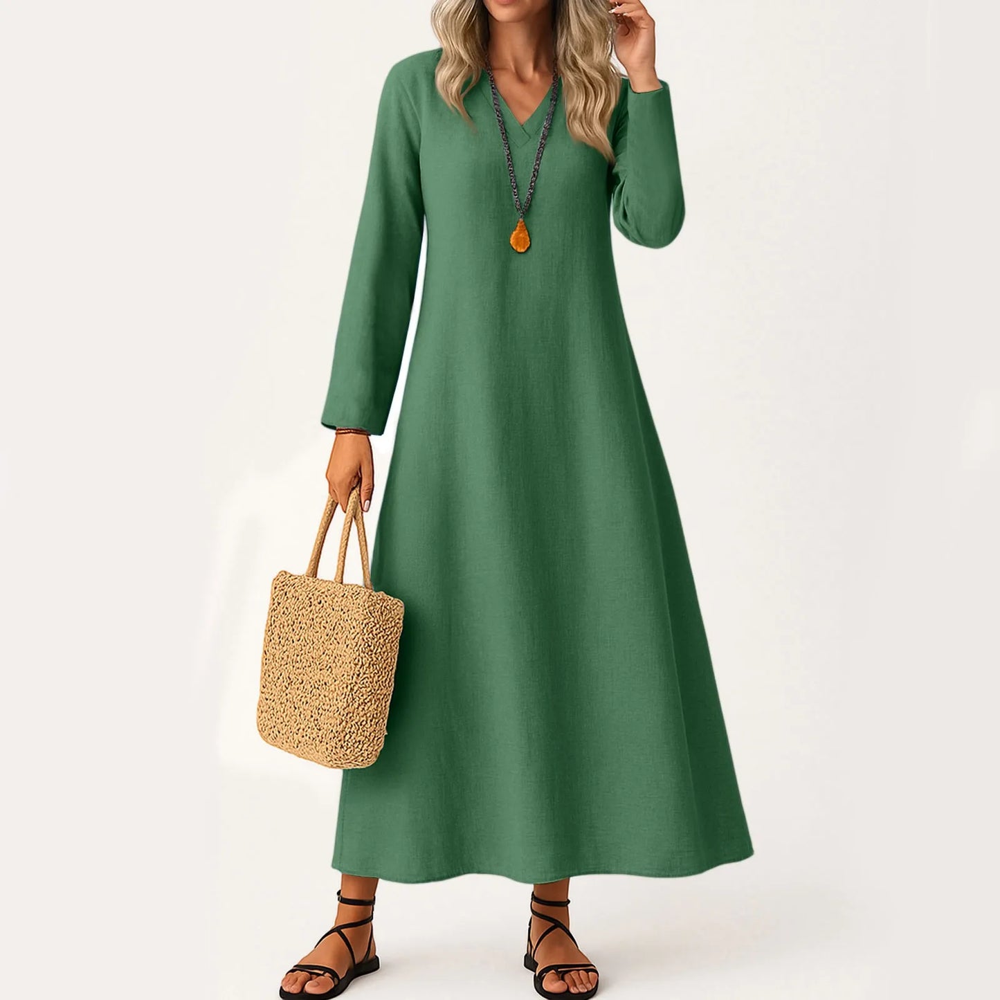 Dress For Women Long Boho Beach Dress Elegant Maxi Dress V-Neck Long Sleeve Dress With Pockets Vestidos Para Mujer Female Dress