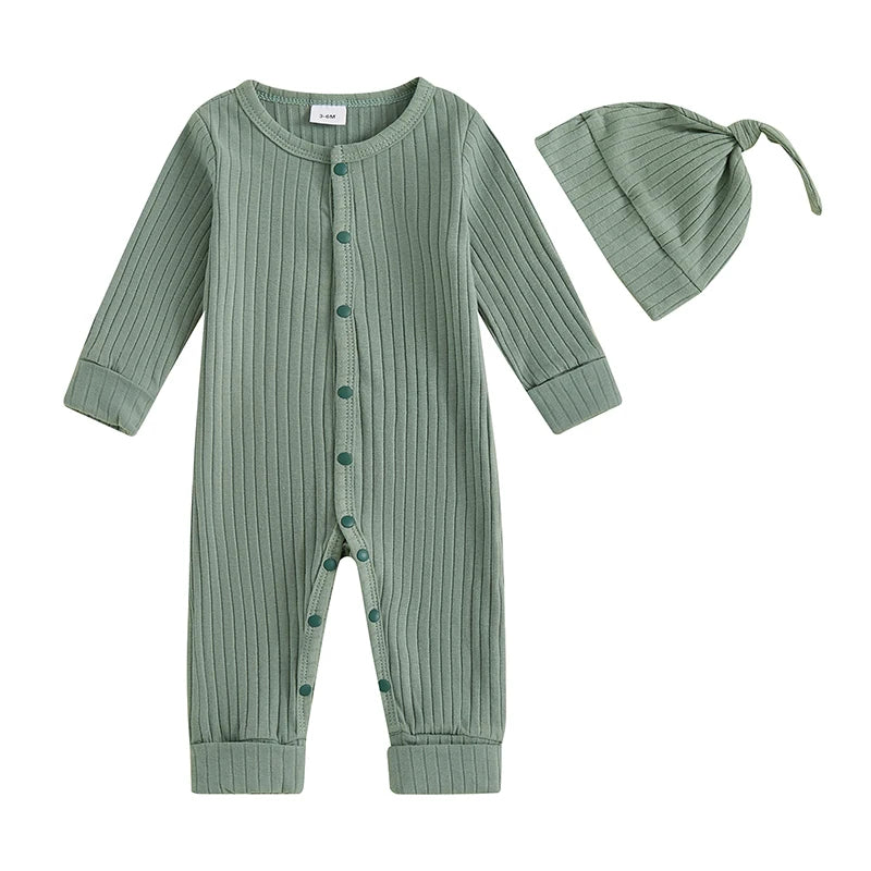 Infant 2-Piece Autumn Ensemble Cozy Knit Romper with Beanie Set Baby Clothing for Newborns