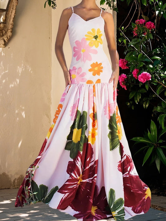 Women s Boho Floral Print Spaghetti Strap Maxi Dress Sleeveless Flowy Hem Summer Beach Cami Dress with Pockets