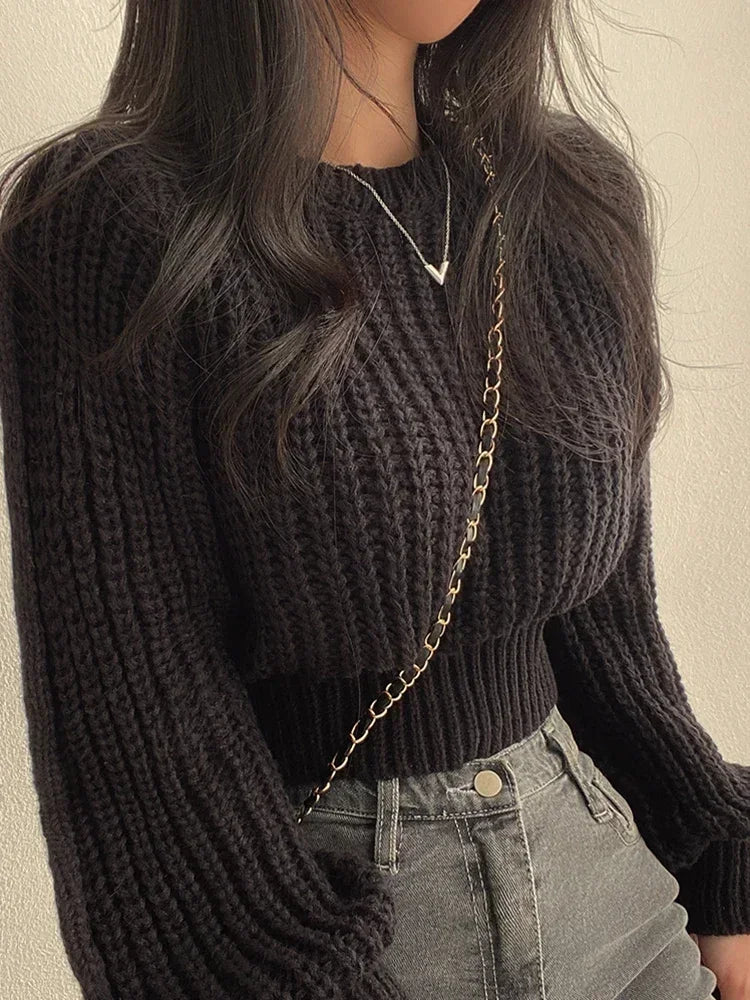 Korean Fashion Women's Cropped Sweaters Solid Colo Round Neck Knitted Pullover Woman Chic Loose Long Sleeve Jumper Female