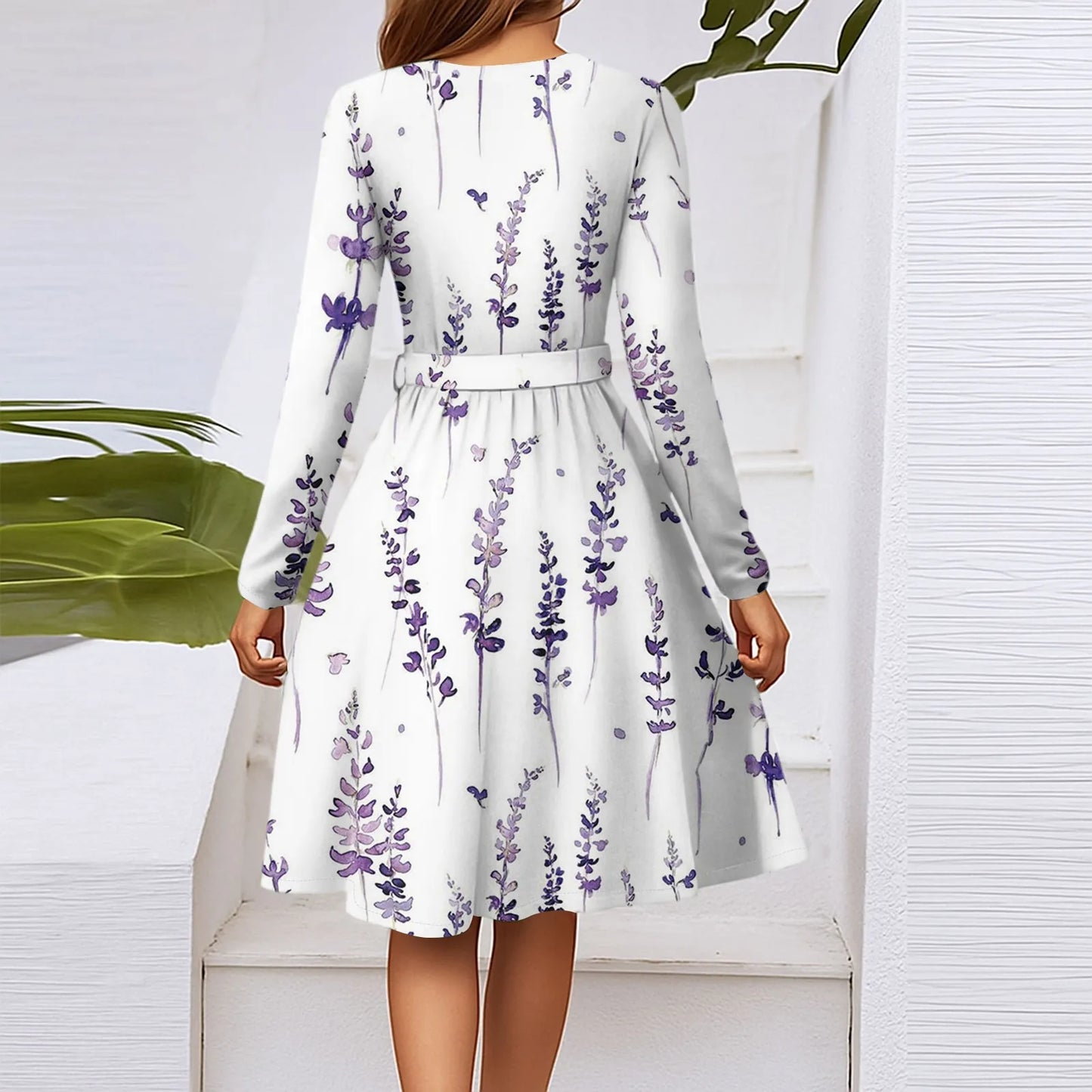Women'S Fashion Casual V-Neck Long Sleeve Waist Floral Print Midi Dress Vestidos Para Mujer Female Dress Y2k Traf Roupas Feminin