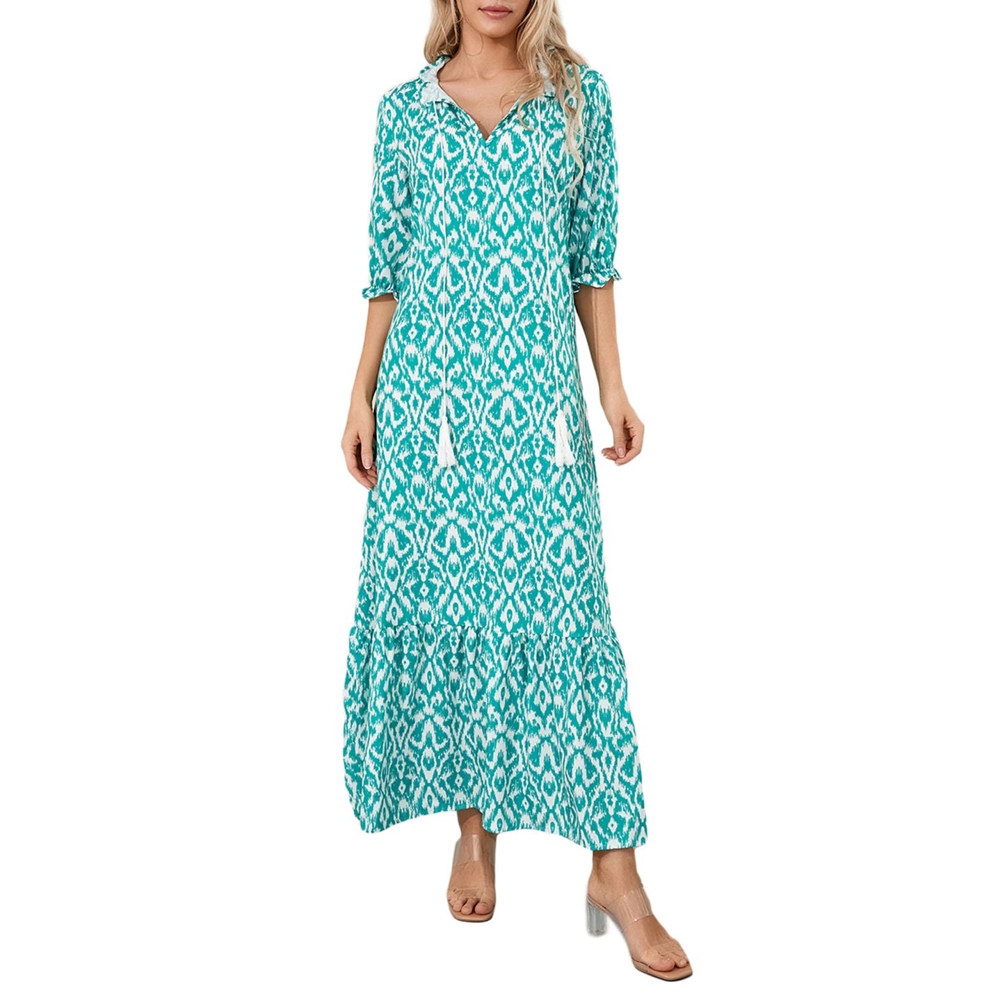 Women Long Dress Elegant Short Sleeve V Neck Flower Graphic Print Loose Swing Dress Summer Casual Dress