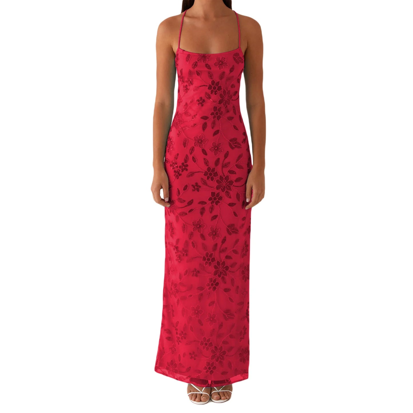 Elegant Sequin Embellished Maxi Dress with Floral Appliques and High Side Slit Perfect for Evening Party or Clubwear