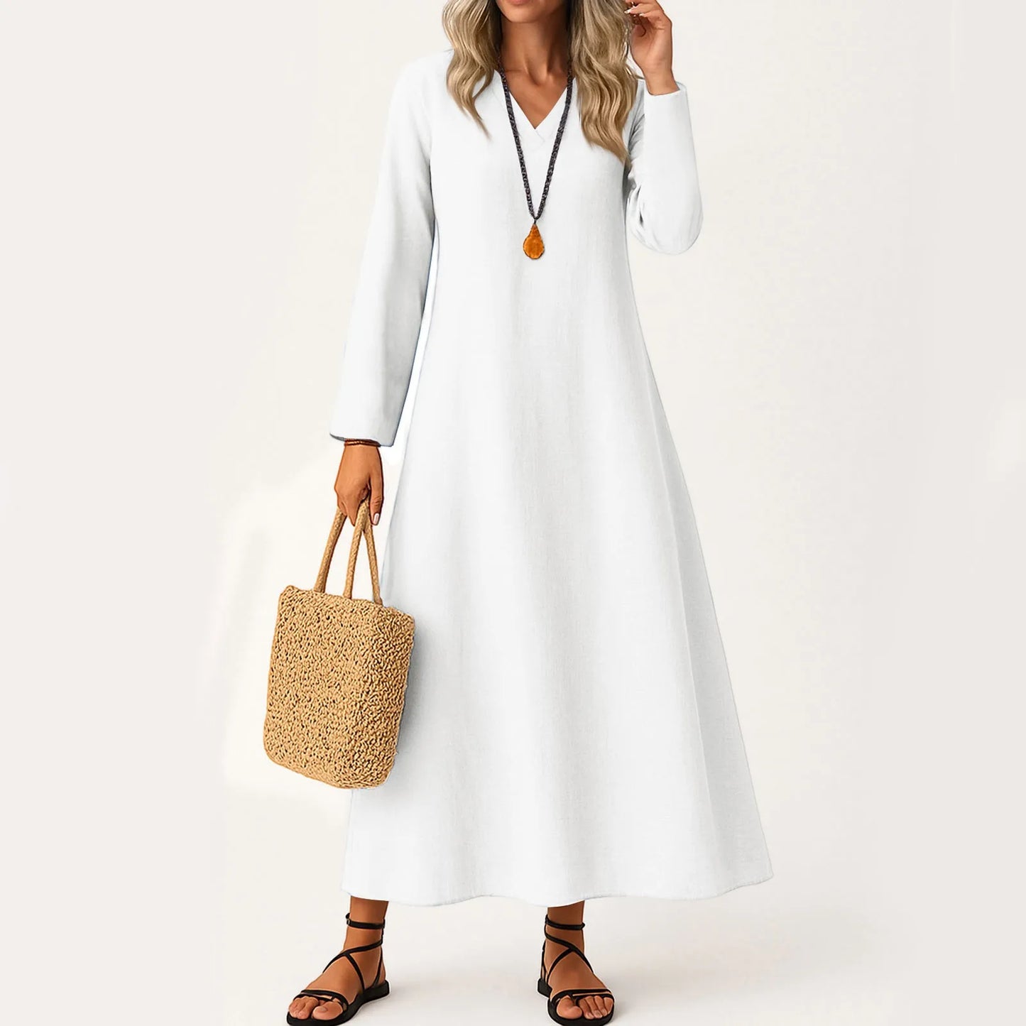 Dress For Women Long Boho Beach Dress Elegant Maxi Dress V-Neck Long Sleeve Dress With Pockets Vestidos Para Mujer Female Dress
