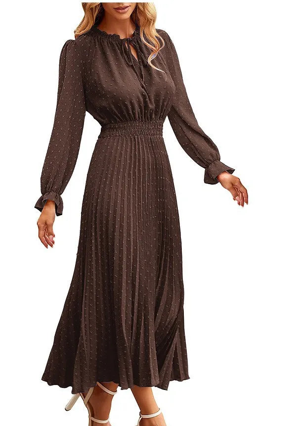 Women's Spring Fall Midi Dress Casual Long/Short Sleeve Elegant and fashionable V Neck Swiss Dot Pleated A Line Flowy Dresses