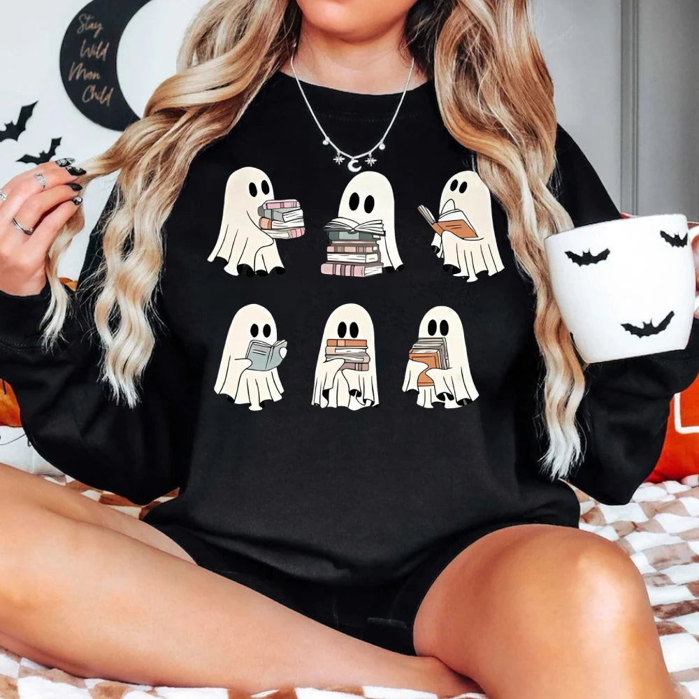 Ghost Reading Books Sweatshirts Halloween Teacher Gift Librarian Halloween Hoodie Ghost Crewneck Tops Crewneck Fashion Clothing