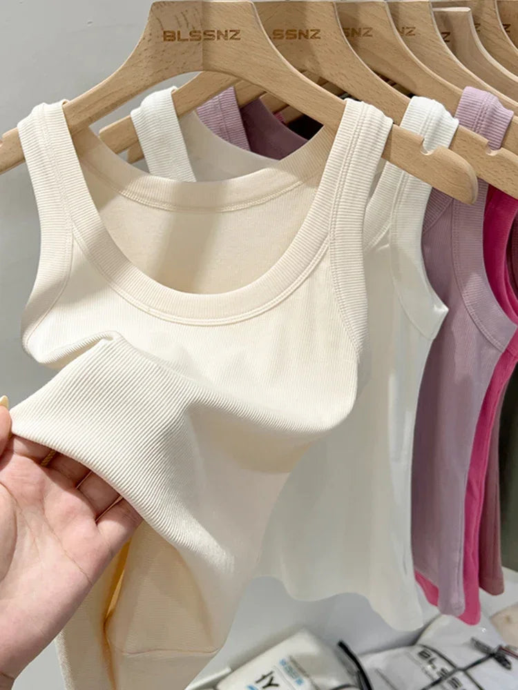 Solid Round Neck Ribbed Tank Top Camisole Women 2025 Summer Basic Elastic Tank Top O Neck Solid Tank Top