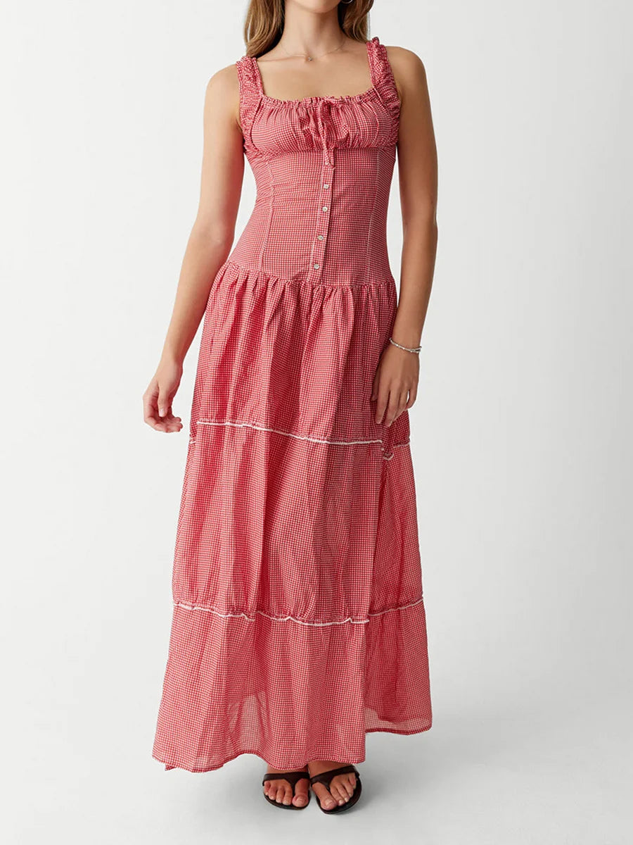 Women Summer Sleeveless Dress Casual Plaid Print Ruffle Party Dress for Cocktail Beach Club Streetwear