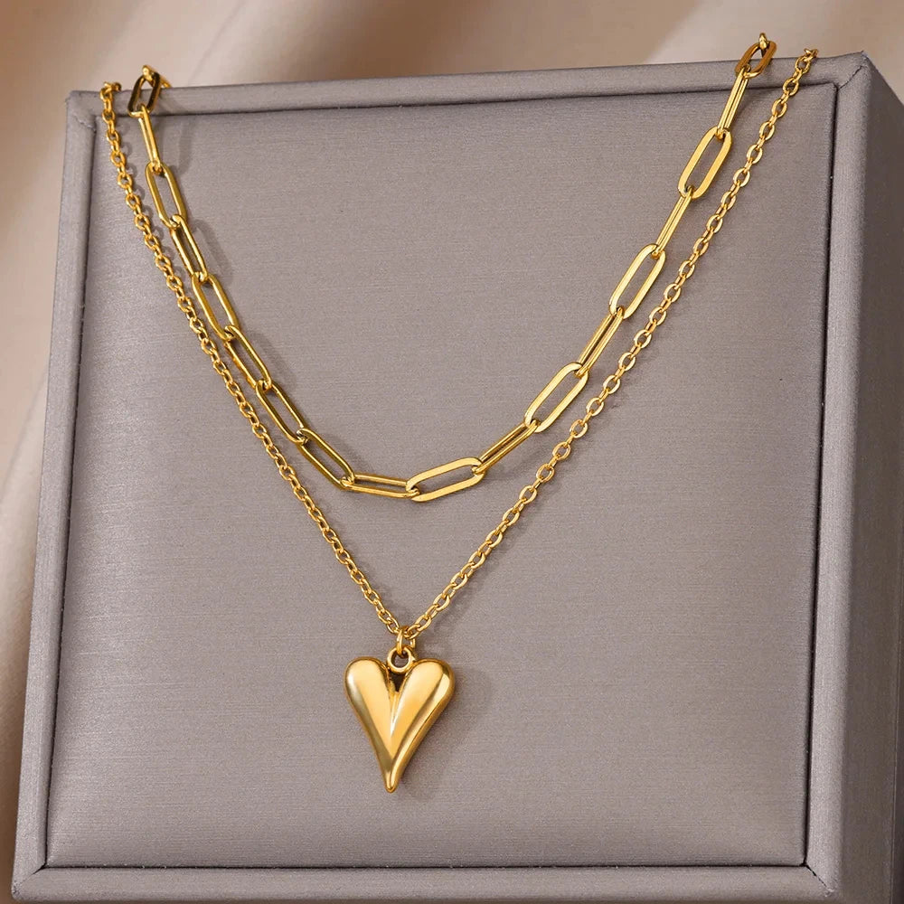 Punk Gold Color Heart Pendant Necklace for Women Stainless Steel Buckle Beaded Neck Chain Choker Y2K Jewelry Accessories
