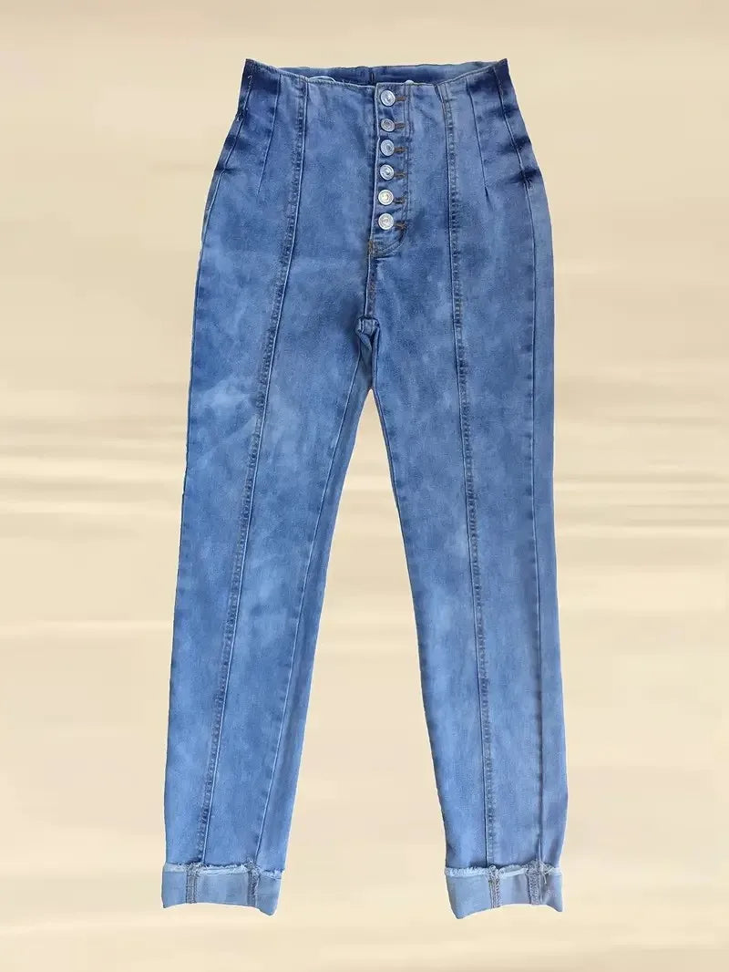 Fashion wash light blue front button bone-breaking design high waist stretchy slim hip tucked women casual nine-point jeans