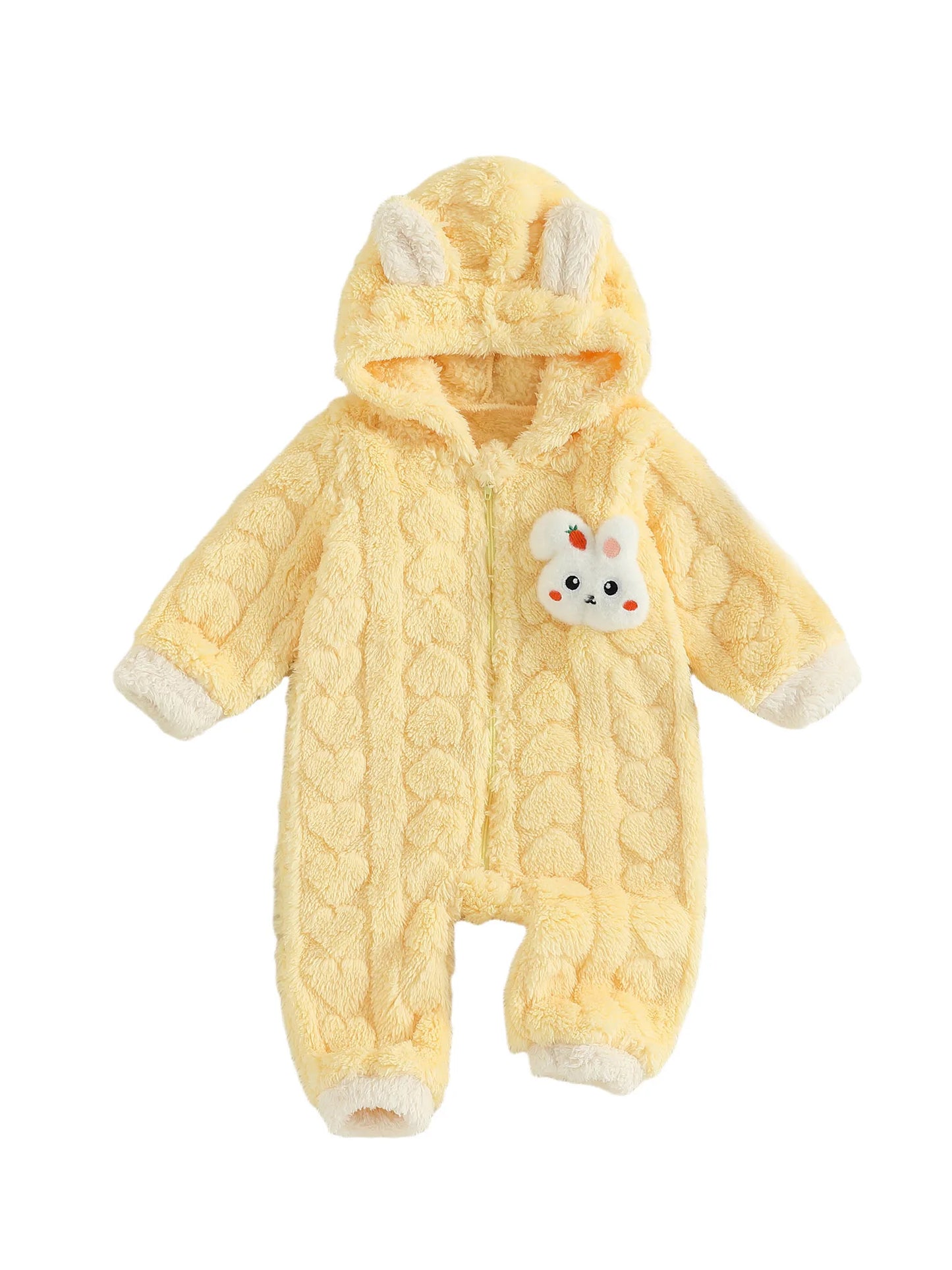 Adorable Infant Fleece Jumpsuit with Bear Ears Hoodie Warm Winter Outfit Zip Up Footed Snowsuit for Baby Boy or Girl