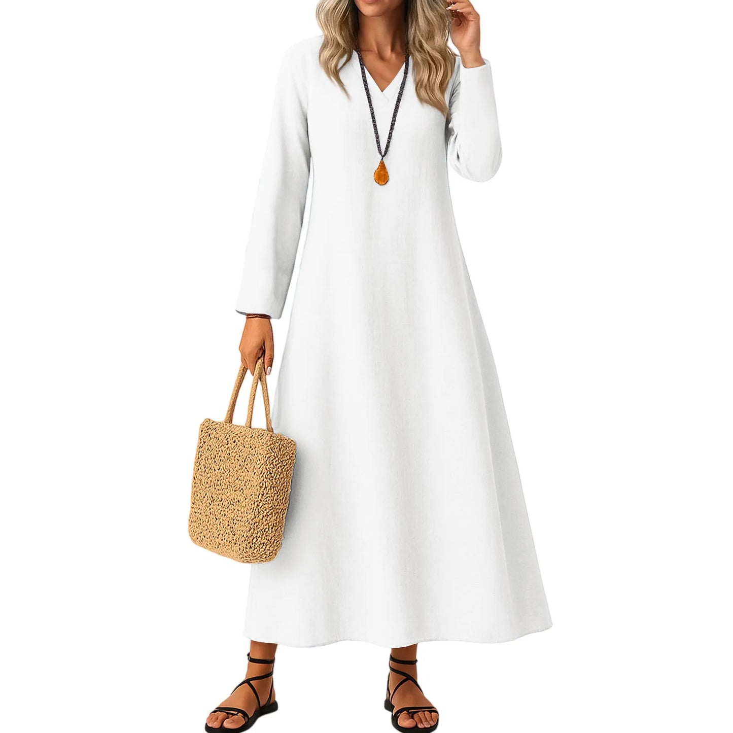 Dress For Women Long Boho Beach Dress Elegant Maxi Dress V-Neck Long Sleeve Dress With Pockets Vestidos Para Mujer Female Dress