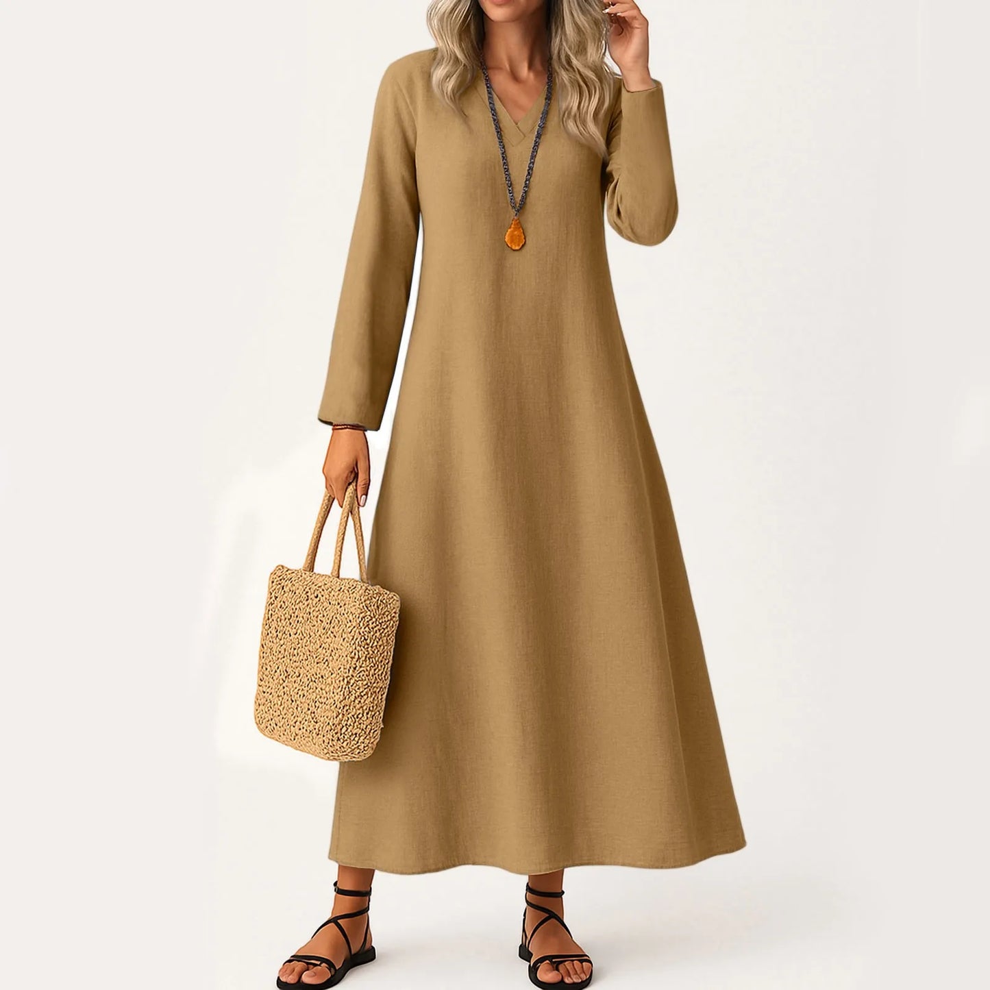 Dress For Women Long Boho Beach Dress Elegant Maxi Dress V-Neck Long Sleeve Dress With Pockets Vestidos Para Mujer Female Dress