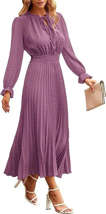 Women's Spring Fall Midi Dress Casual Long/Short Sleeve Elegant and fashionable V Neck Swiss Dot Pleated A Line Flowy Dresses