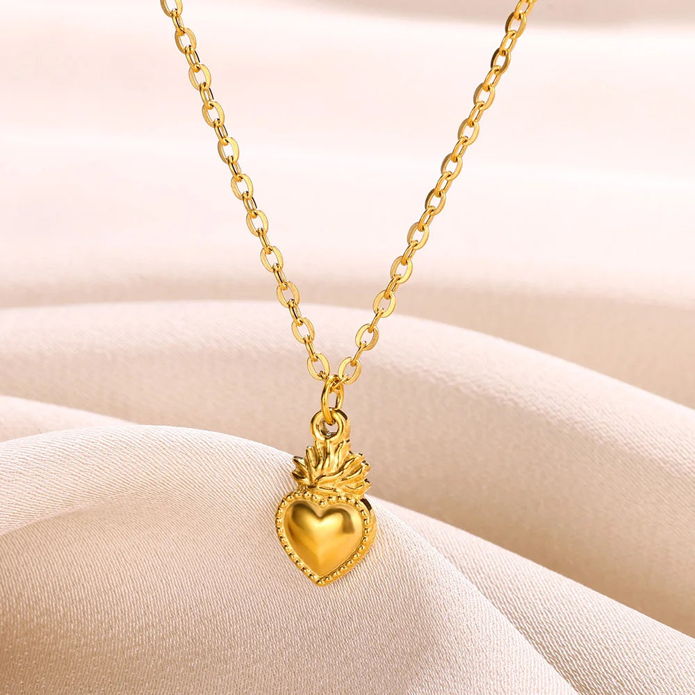 Punk Gold Color Heart Pendant Necklace for Women Stainless Steel Buckle Beaded Neck Chain Choker Y2K Jewelry Accessories