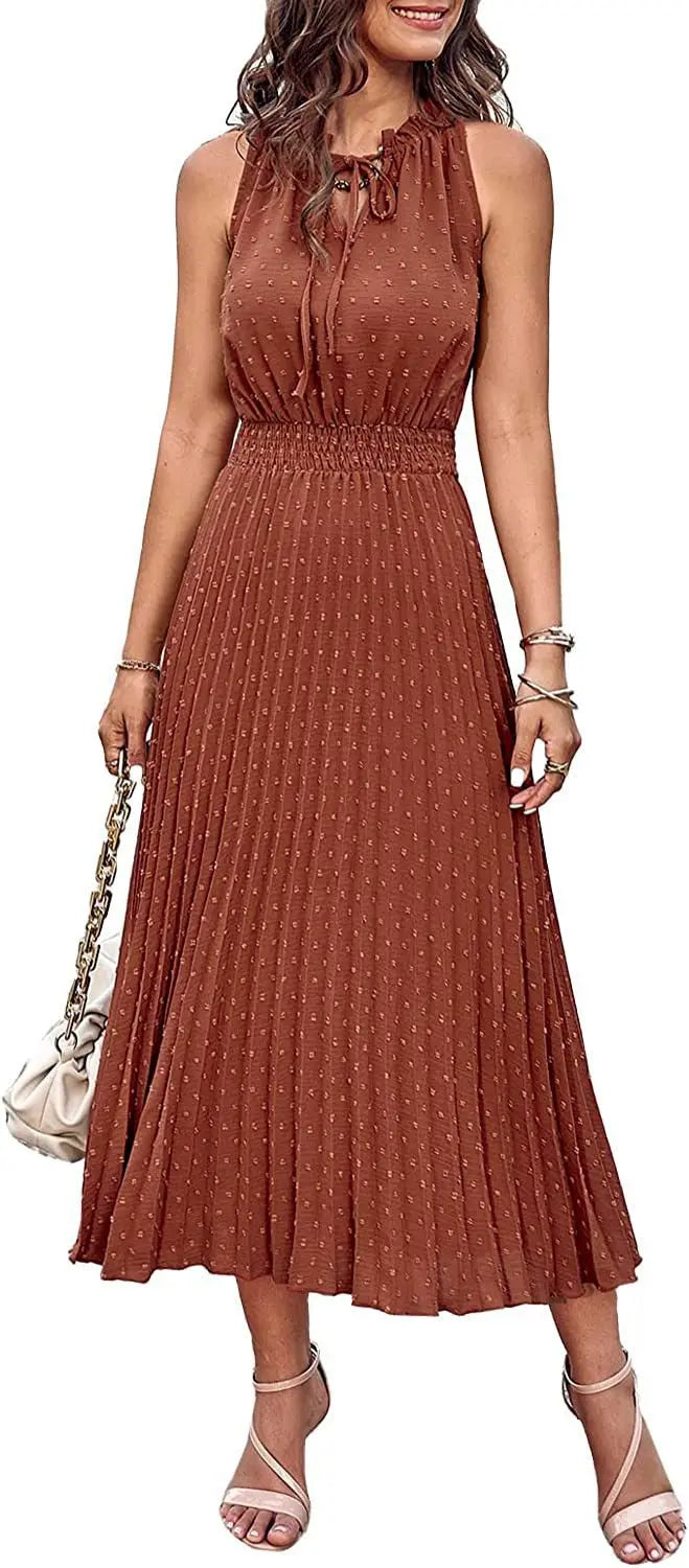 Women's Spring Fall Midi Dress Casual Long/Short Sleeve Elegant and fashionable V Neck Swiss Dot Pleated A Line Flowy Dresses