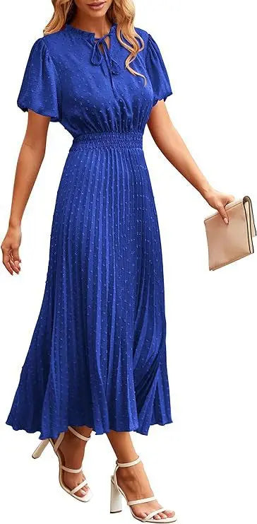 Women's Spring Fall Midi Dress Casual Long/Short Sleeve Elegant and fashionable V Neck Swiss Dot Pleated A Line Flowy Dresses