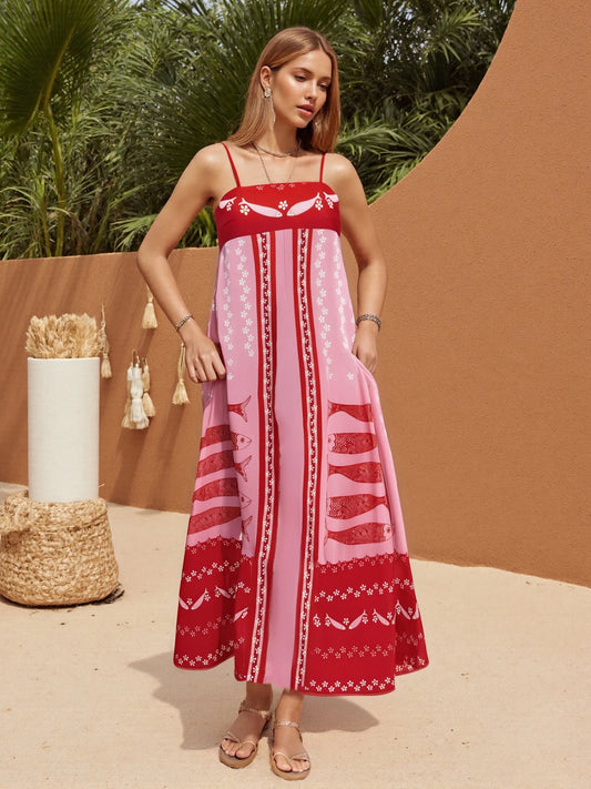 Women s Sleeveless Maxi Dress with Tropical Fish Print Spaghetti Strap Cami Dress for Summer Fashion and Casual Wear