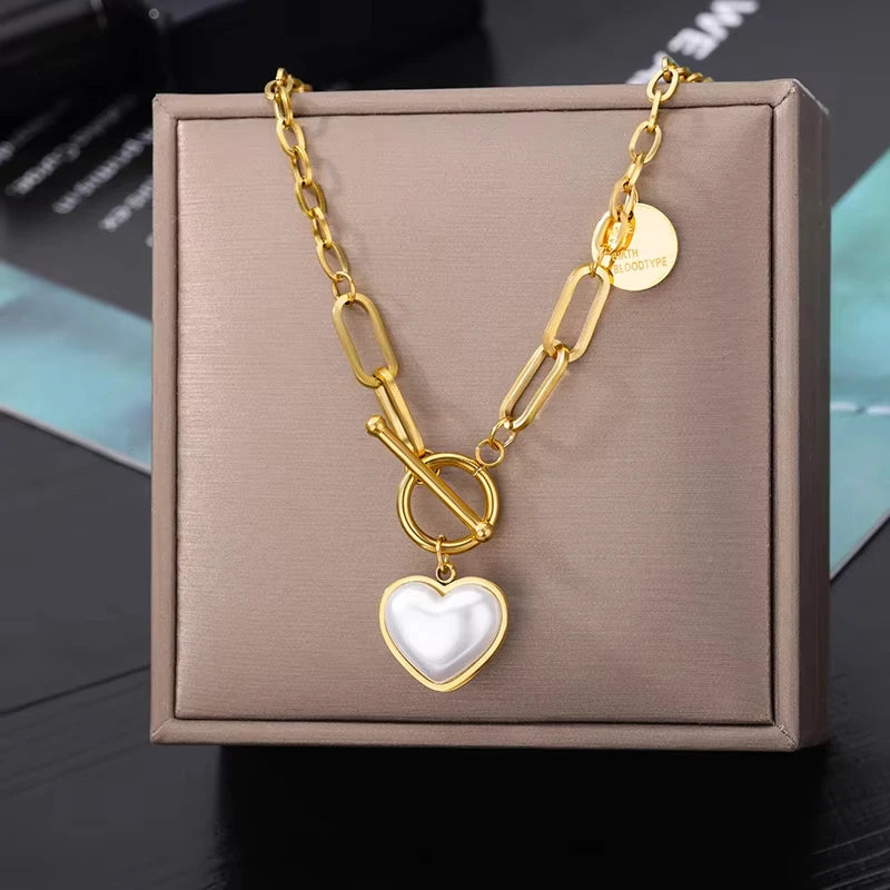 Punk Gold Color Heart Pendant Necklace for Women Stainless Steel Buckle Beaded Neck Chain Choker Y2K Jewelry Accessories