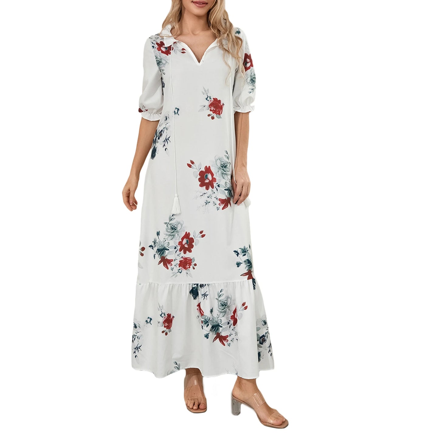 Women Long Dress Elegant Short Sleeve V Neck Flower Graphic Print Loose Swing Dress Summer Casual Dress