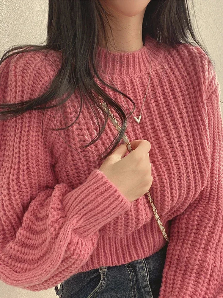 Korean Fashion Women's Cropped Sweaters Solid Colo Round Neck Knitted Pullover Woman Chic Loose Long Sleeve Jumper Female