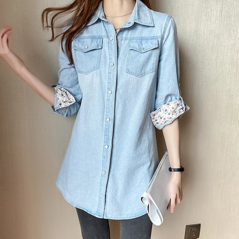 Women's Loose Denim Shirt with Long Sleeves New Spring and Autumn Thin Top Mid To Long Length Jacket and Outer Shirt 11968