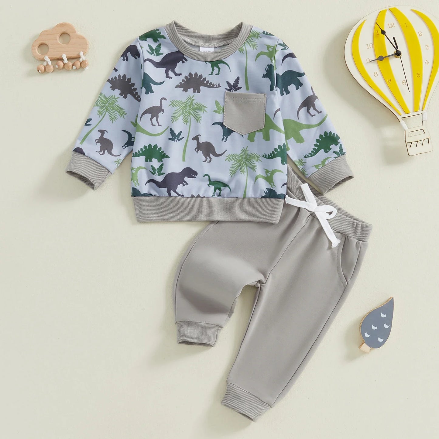 Autumn Toddler Baby Boys Dinosaur Print Casual Suit Round Neck Long Sleeve Sweatshirt Drawstring Elastic Waist Solid Sweatpants