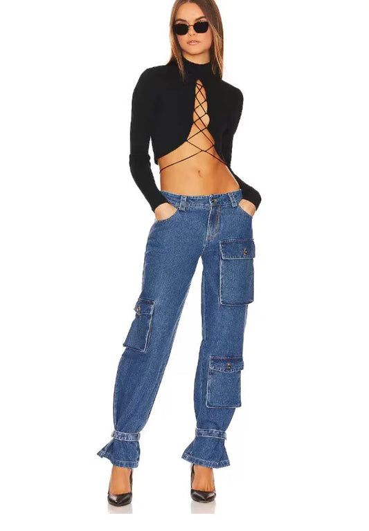 Fashion retro blue multi-pocket tied legs for women's stretch slim casual work jeans