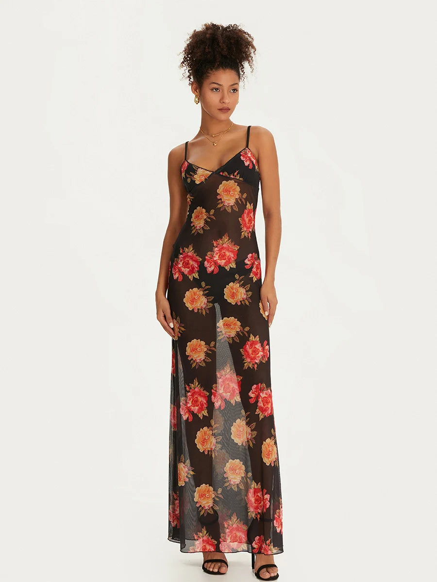 Women Floral Sleeveless Dress Summer Spaghetti Strap Backless Party Dress for Cocktail Beach Streetwear