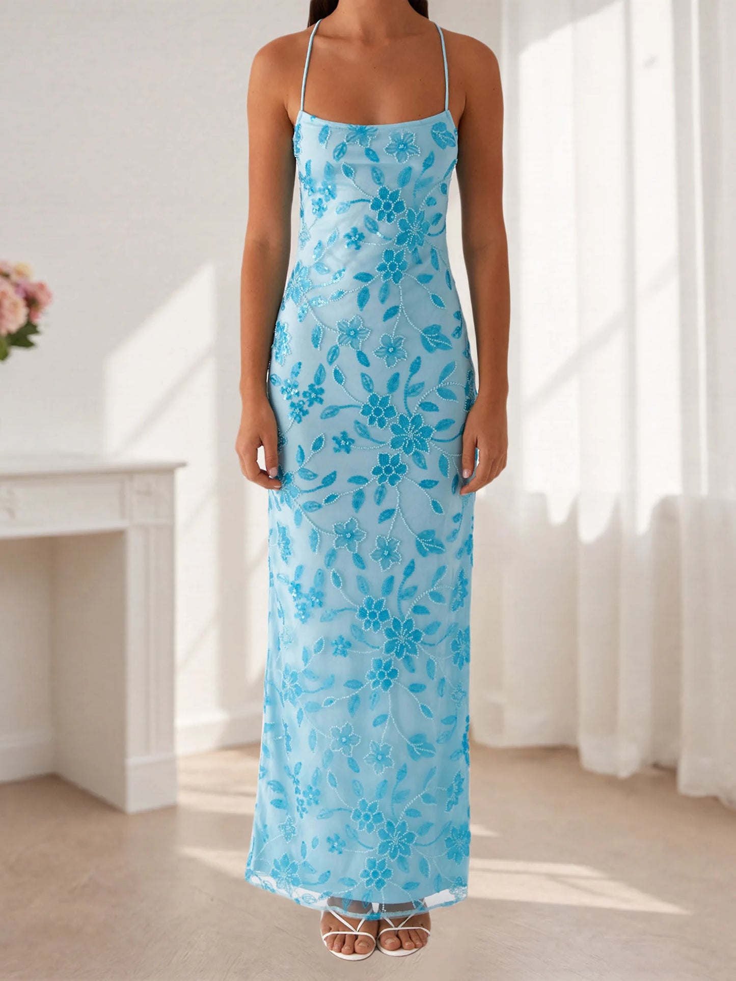 Elegant Sequin Embellished Maxi Dress with Floral Appliques and High Side Slit Perfect for Evening Party or Clubwear
