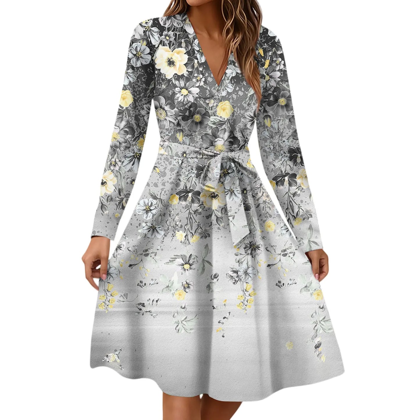 Women'S Fashion Casual V-Neck Long Sleeve Waist Floral Print Midi Dress Vestidos Para Mujer Female Dress Y2k Traf Roupas Feminin