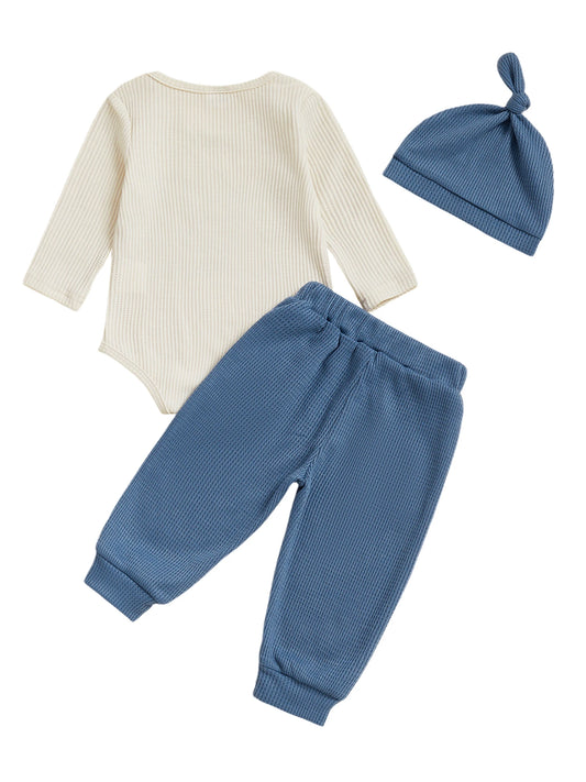 Adorable Infant Unisex Clothing Set with Printed Romper Joggers Pants and Hat - Long Sleeve Crew Neck Outfit for Newborn Boy