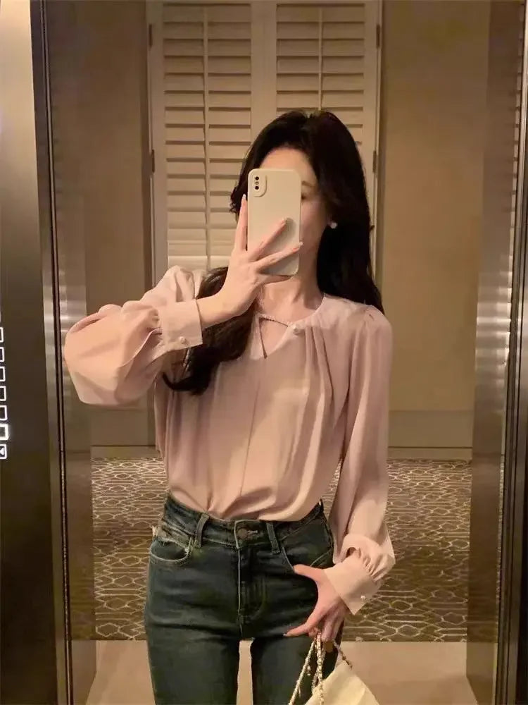 Autumn Spring Office Lady Blouse Elegant Korean Fashion Long Sleeve Shirt Women's Tops White Pink With Pearl Female Office Wear
