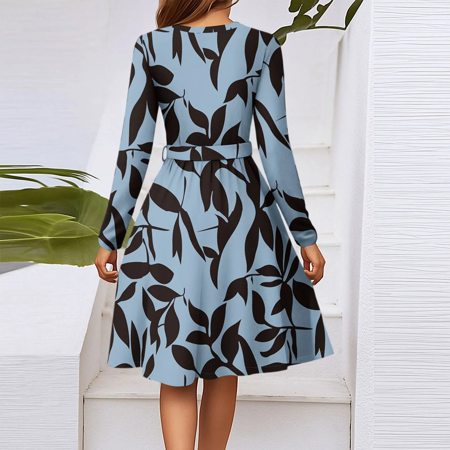Women'S Fashion Casual V-Neck Long Sleeve Waist Floral Print Midi Dress Vestidos Para Mujer Female Dress Y2k Traf Roupas Feminin