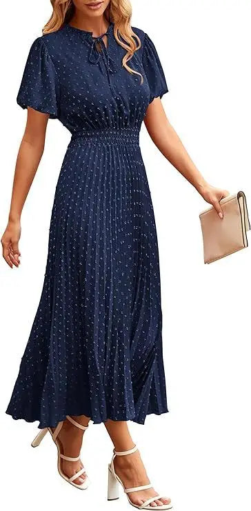 Women's Spring Fall Midi Dress Casual Long/Short Sleeve Elegant and fashionable V Neck Swiss Dot Pleated A Line Flowy Dresses