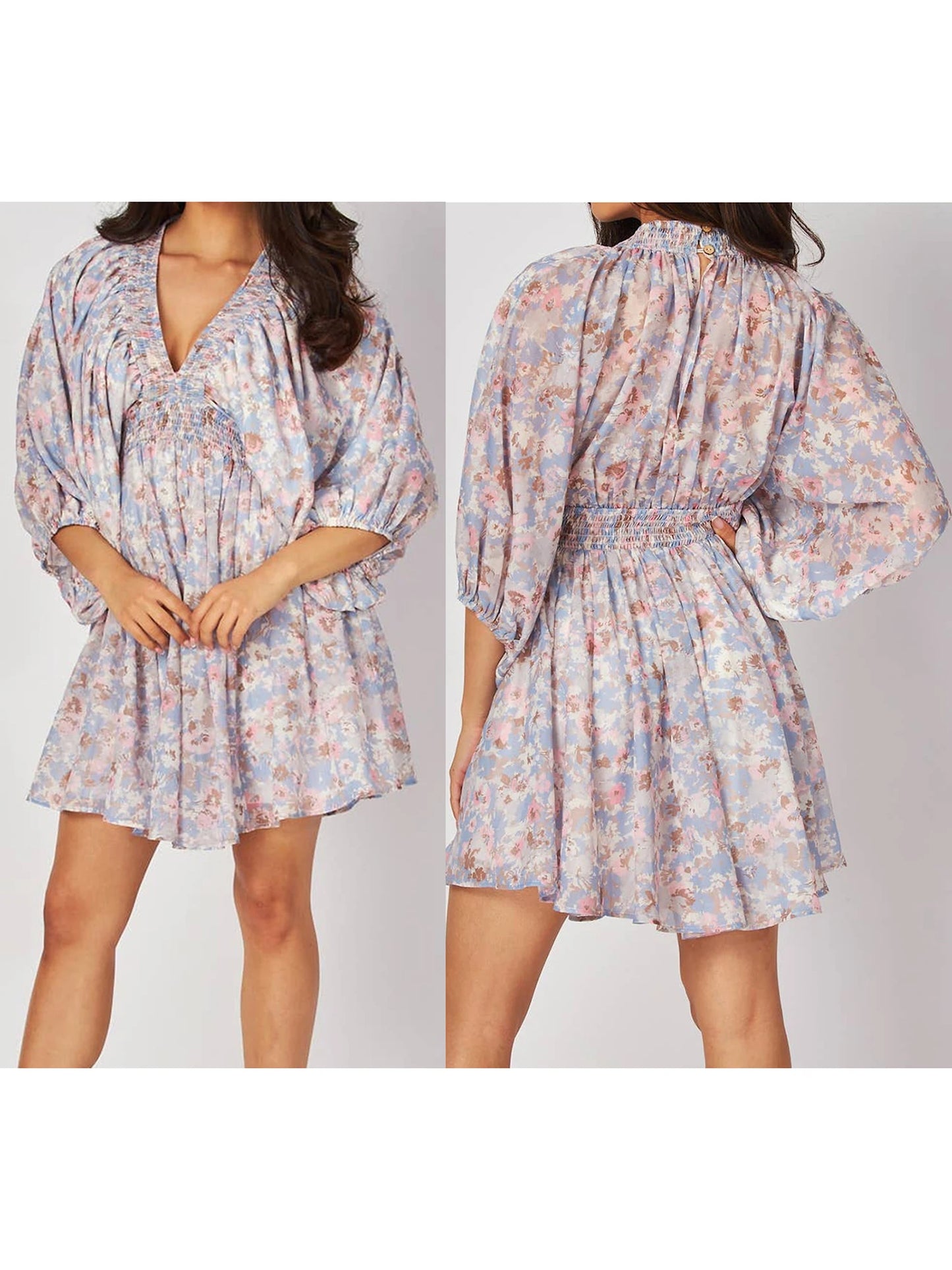 Elegant Floral Print Midi Dress with Long Sleeves and Deep V Neckline Perfect for Fall Parties and Events