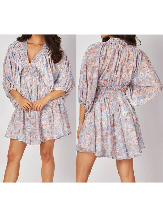 Elegant Floral Print Midi Dress with Long Sleeves and Deep V Neckline Perfect for Fall Parties and Events