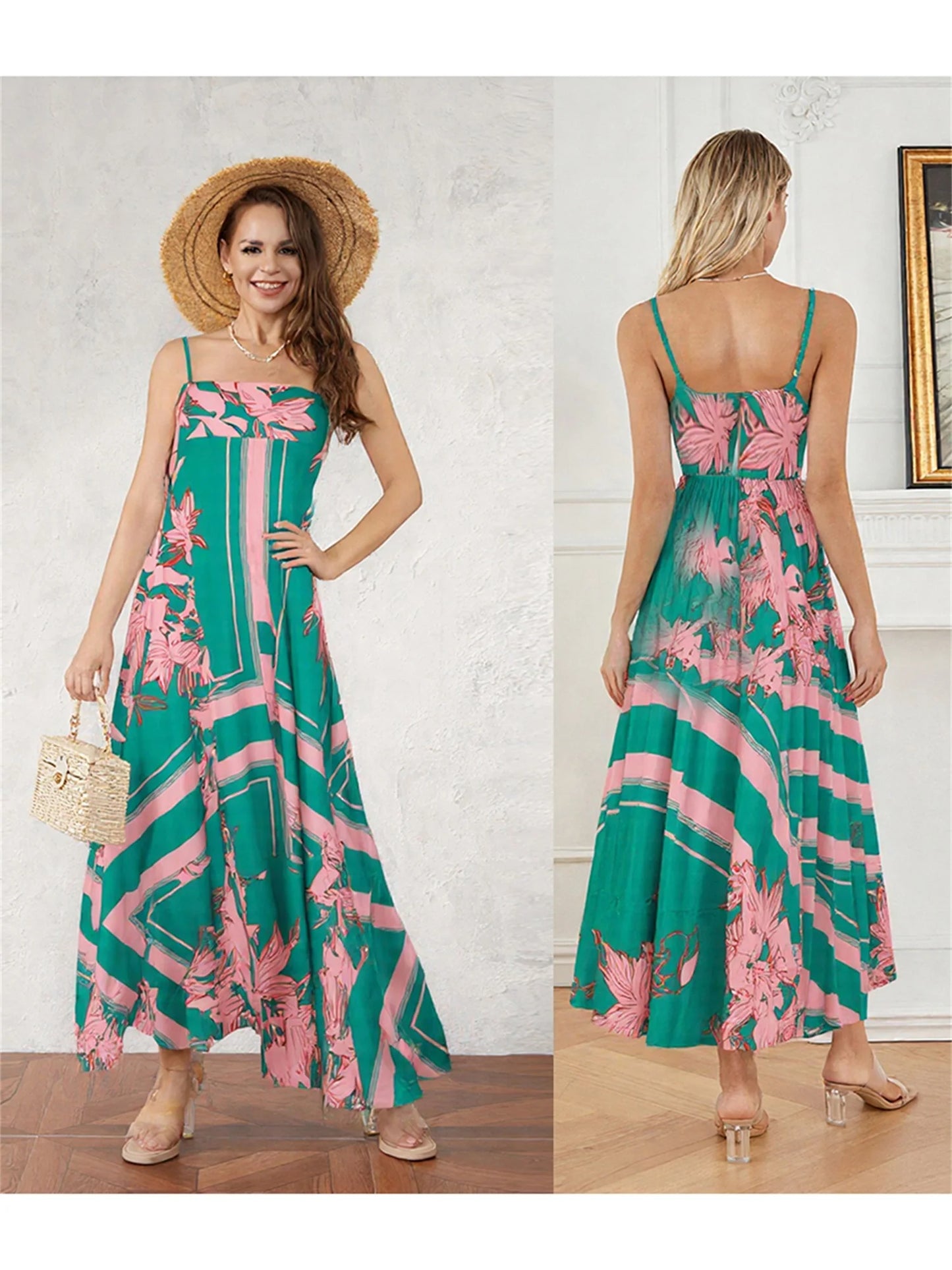 Bohemian Style Maxi Dress with Spaghetti Straps and Floral Print Perfect for Summer Beach Parties and Events