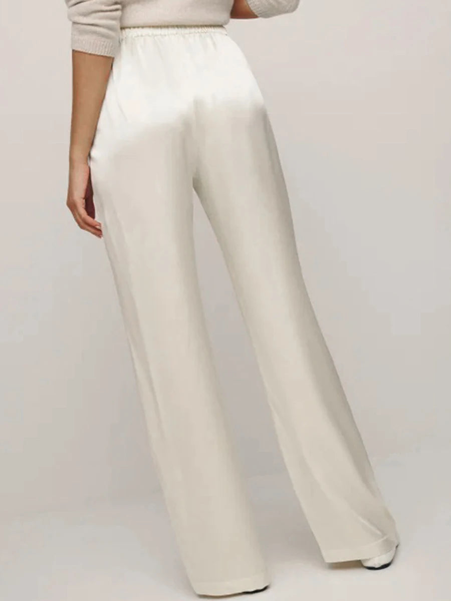Ladies Stylish Loose Fit Trousers with Stretchy Waistband Elegant Satin Fabric Work Pants in Solid Color for a Chic Look