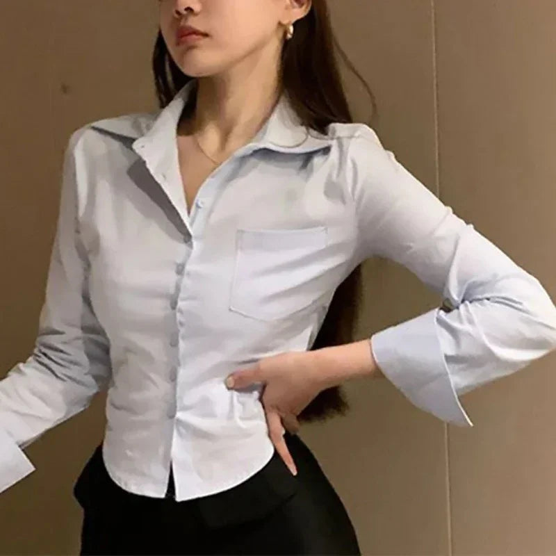 Korean White Office Women Chiffon Shirt Pocket Button Lapel Ladies Blouse Autumn WinterCommuter Long Sleeve New Female Crop Tops