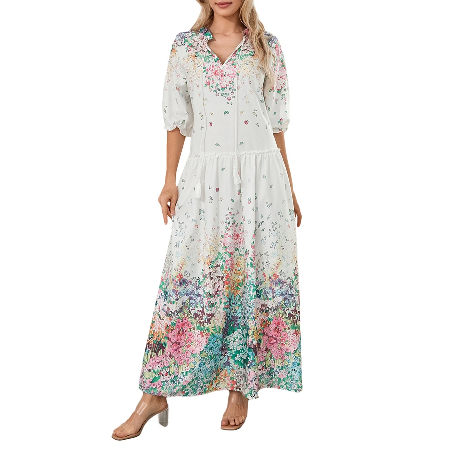 Women Long Dress Elegant Short Sleeve V Neck Flower Graphic Print Loose Swing Dress Summer Casual Dress