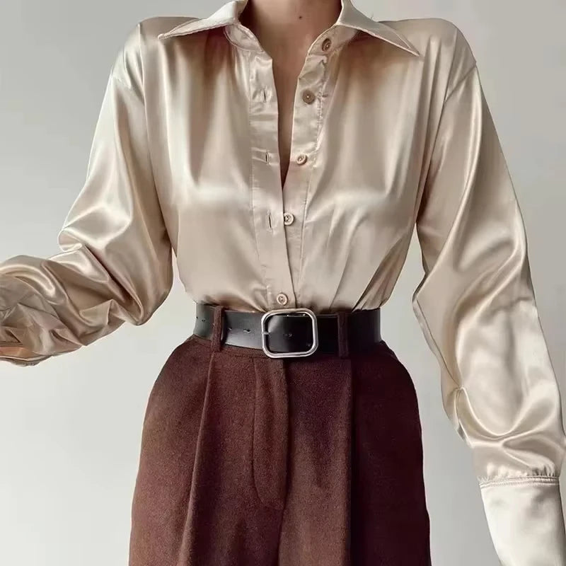 Autumn Elegant Solid Satin Shirt Office Lady Blouse Vintage Long Sleeve Shirt Loose Button Up Shirts Fashion Women Tops 18913