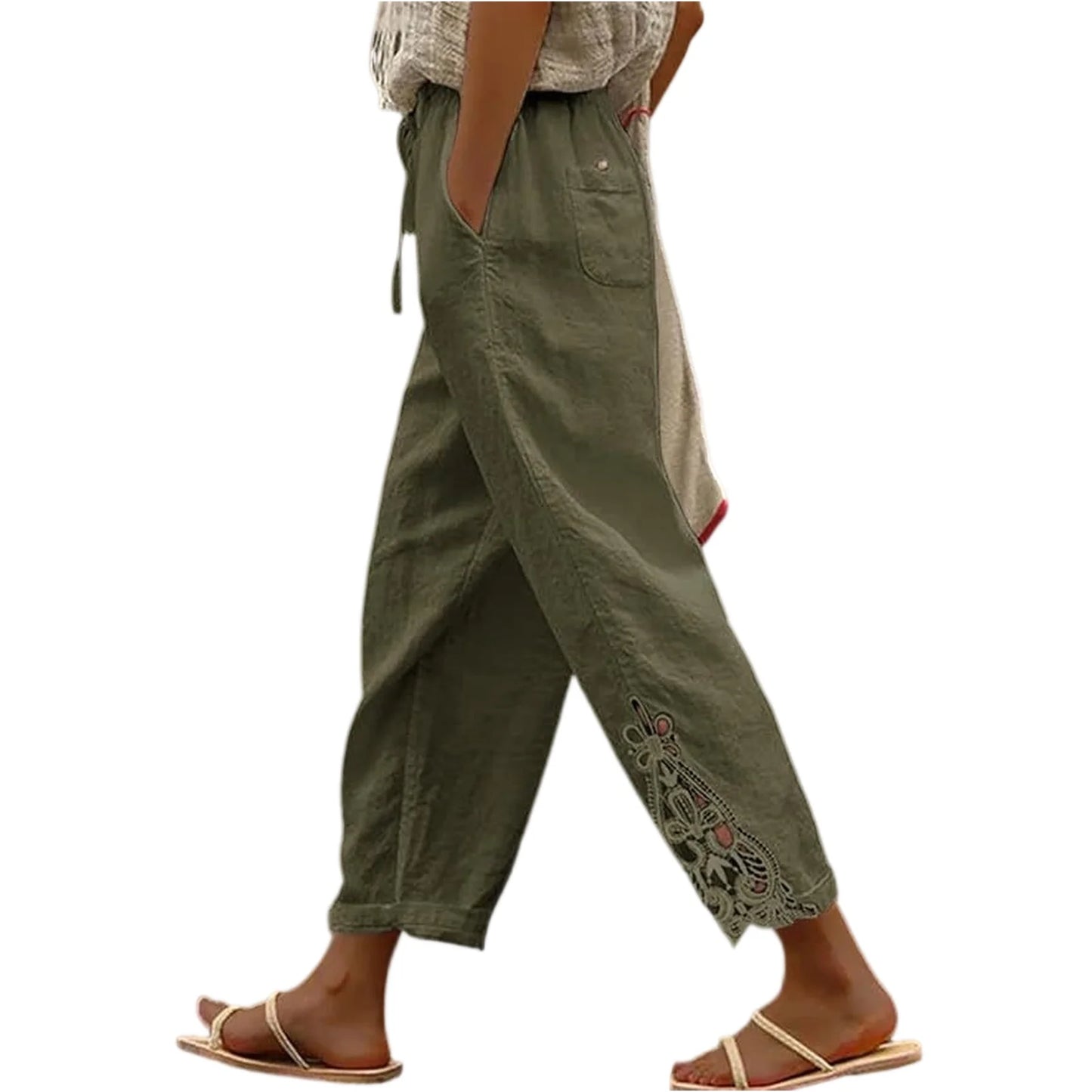 Women'S Casual Solid Color Lace Splicing Design High Waist Drawstring Pocket Nine Minute Pants Pantalones De Mujer Cargo Pants