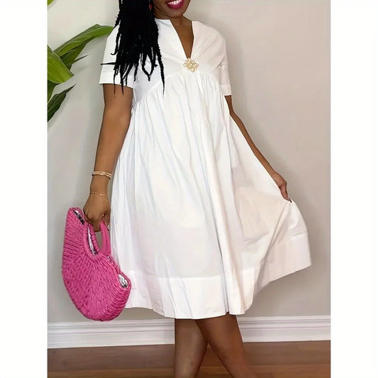 Casual Short-sleeved V-neck Waisted Loose Vacation A-line Shirt Dress