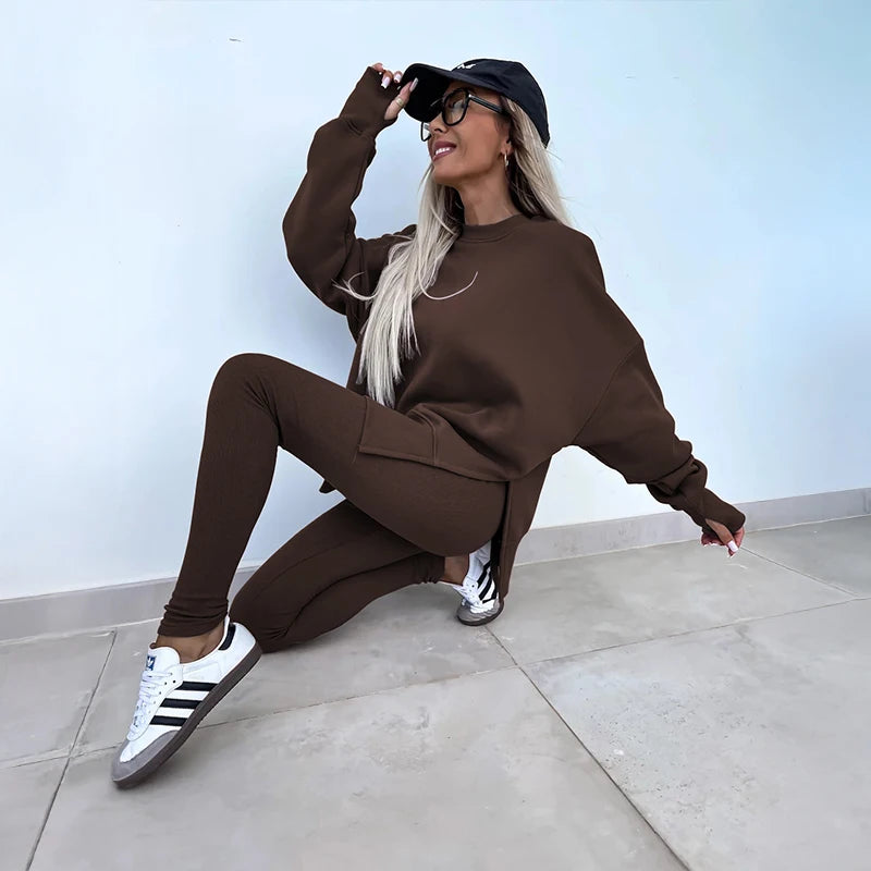 Women's Spring and Autumn Sports Hoodie Long Sleeve Solid Color Hoodie Casual Set Yoga Two Piece Set Outdoor Running Fitness Set