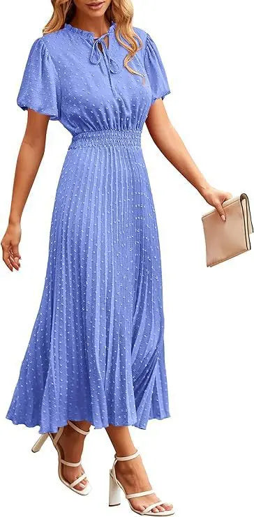 Women's Spring Fall Midi Dress Casual Long/Short Sleeve Elegant and fashionable V Neck Swiss Dot Pleated A Line Flowy Dresses