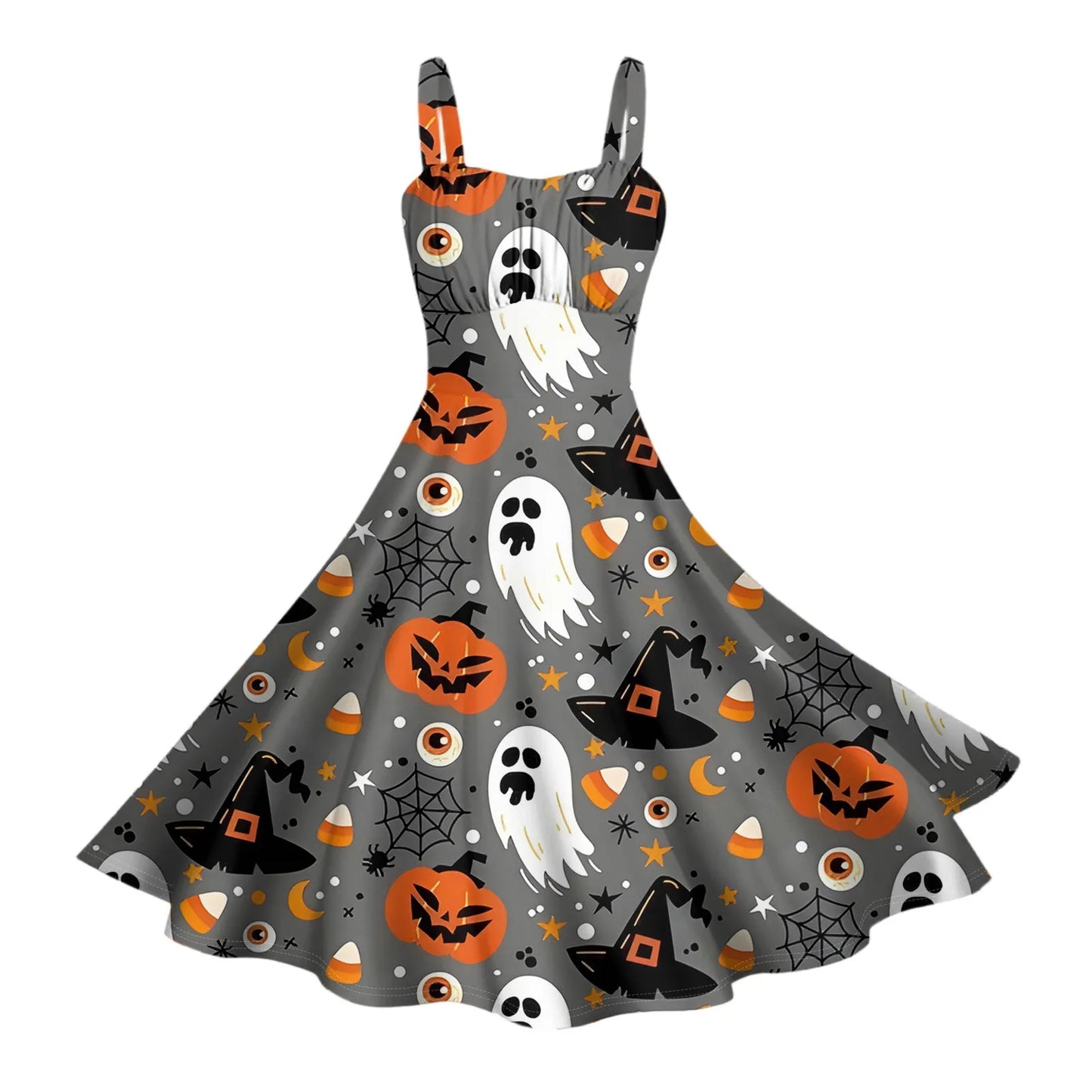Women'S Vintage Sleeveless Pleated Patchwork Cute A-Line Hem Halloween Printed Dresses Elegant Dresses For Women Vestido Feminin