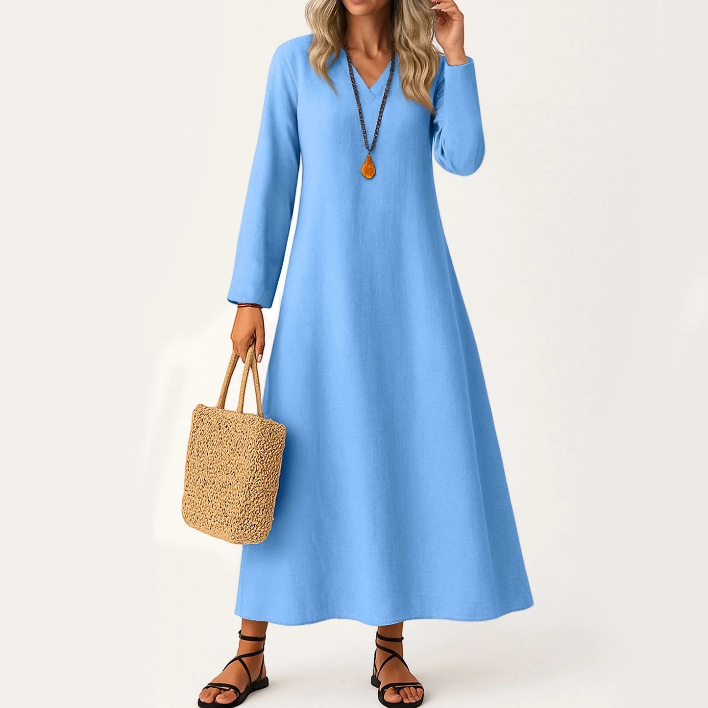 Dress For Women Long Boho Beach Dress Elegant Maxi Dress V-Neck Long Sleeve Dress With Pockets Vestidos Para Mujer Female Dress