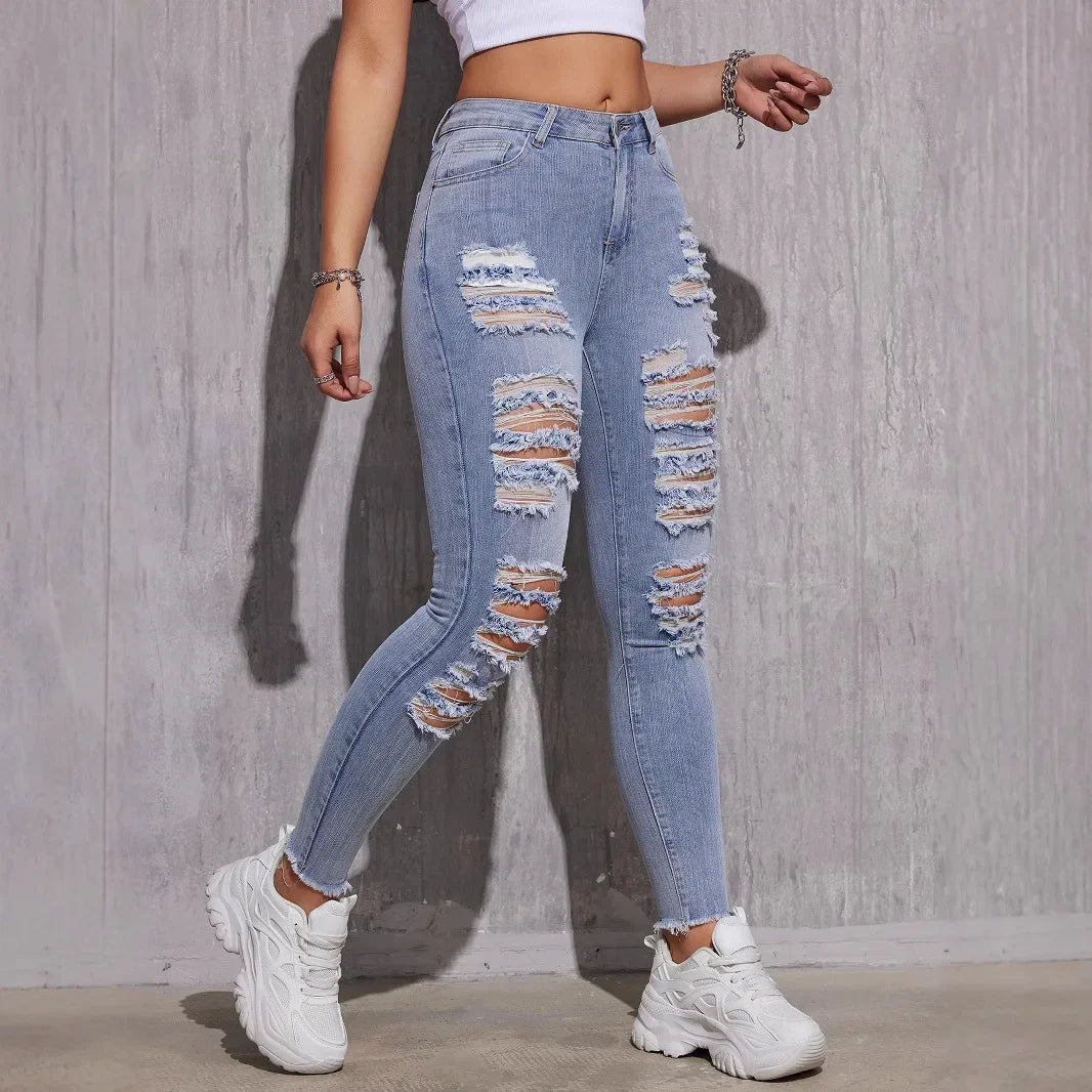 2025 Spring High Waist Skinny Jeans Women - Stretch Ripped Light Blue Denim Pants, Ankle Length Slim Fit Casual Trousers XS-XXL